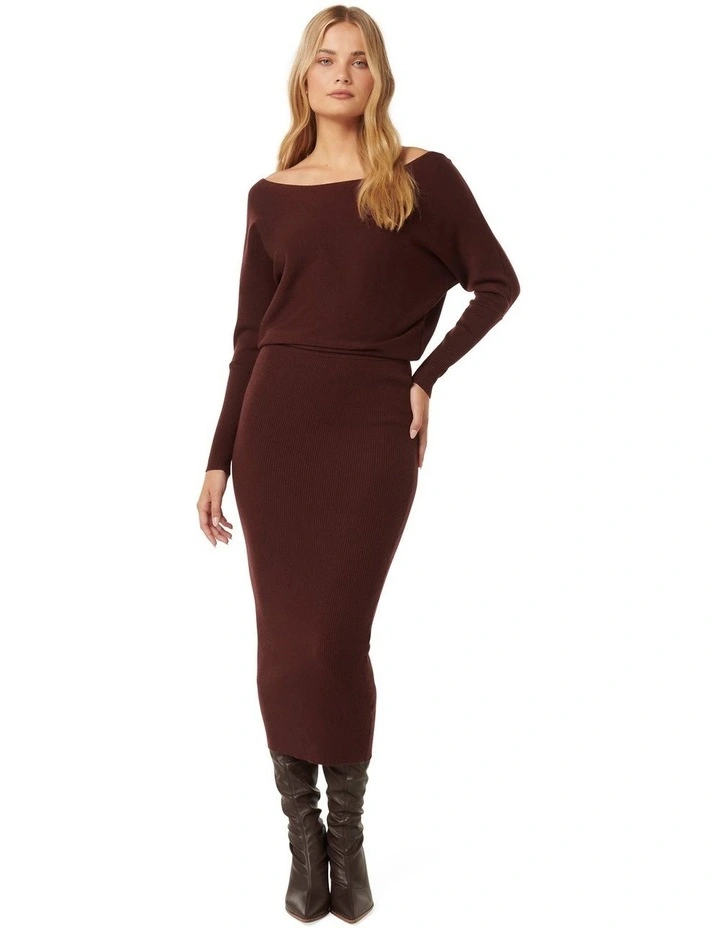 Ciara Tipped Shoulder Midi Dress in Brown