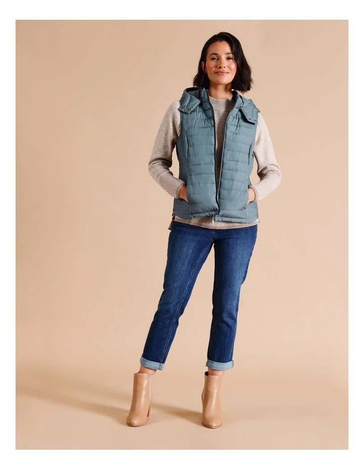 Recycled Polyester Straight Quilted Vest With Removable Hood in Dusty Blue