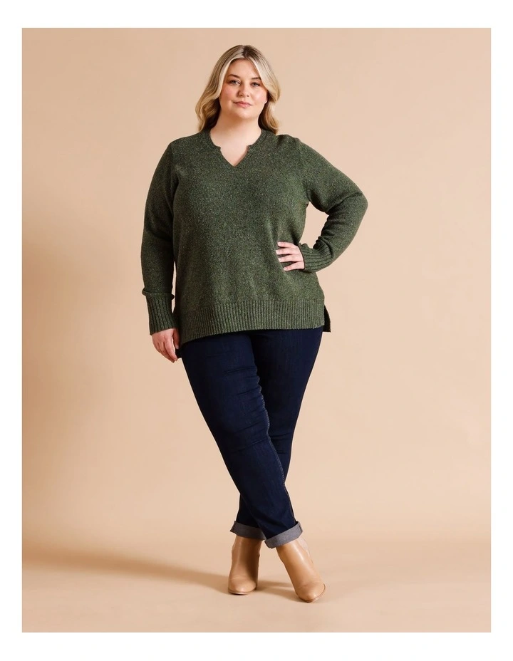 Notch Neck Jumper In Khaki Fleck