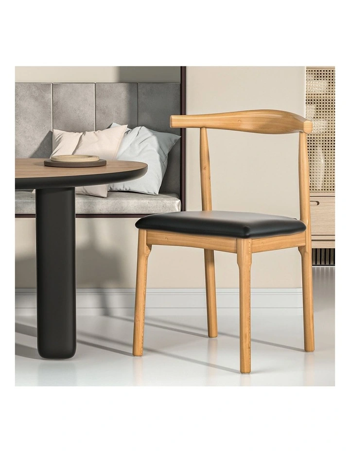 Dining Chair Rubber Wood Leather Seat in Black