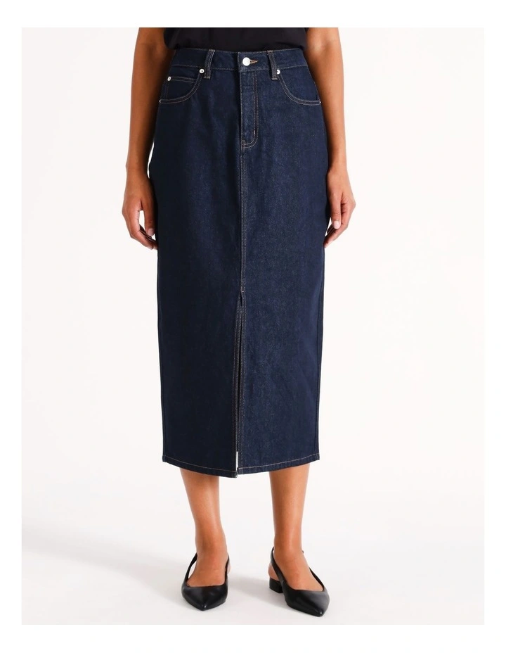 Organic Blend Denim Midi Skirt in Indigo