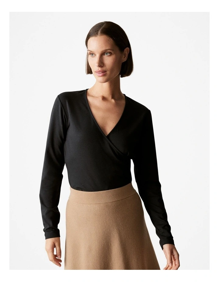 Cotton Modal Long Sleeved Wrap T-shirt in Black