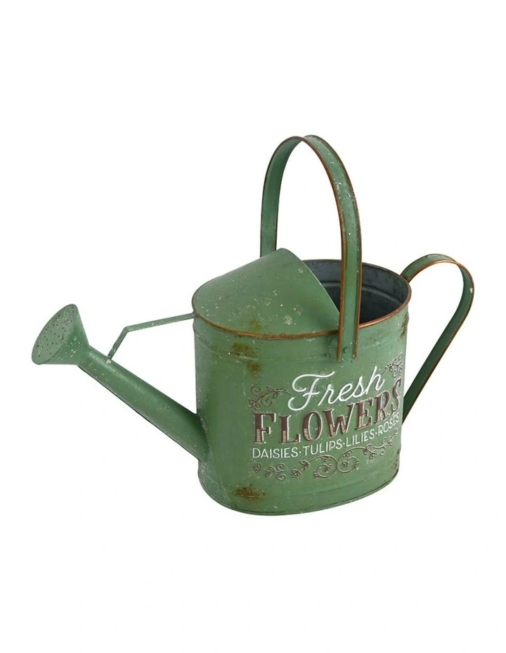 Rustic Fresh Flowers Watering Can in Distressed Green