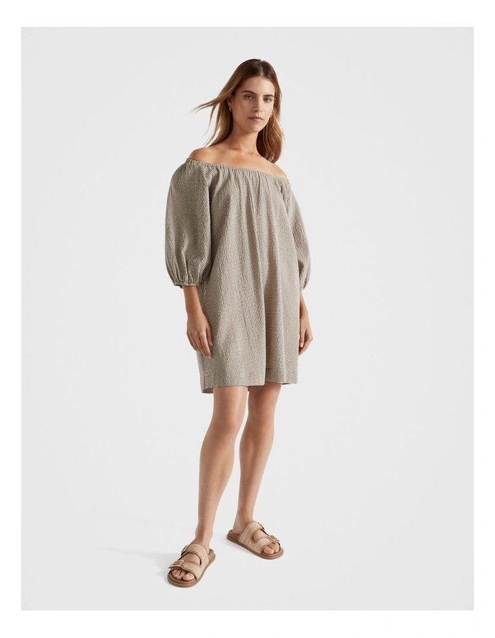 Textured Gingham Elasticated Mini Dress in Cappuccino