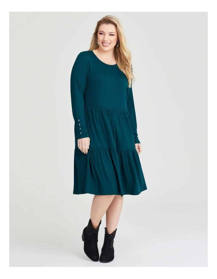 Natural Mini Rib Tiered Dress in Evergreen