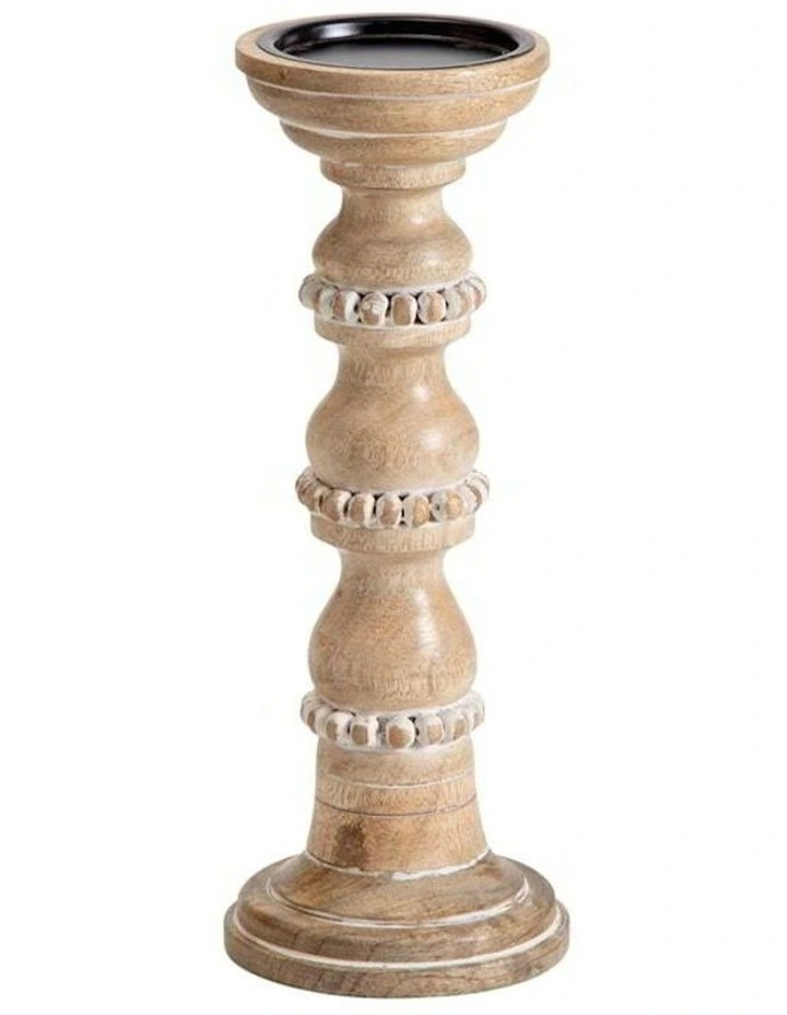 Handmade Wooden Beaded Pillar Candle Holder 30cm in Brown