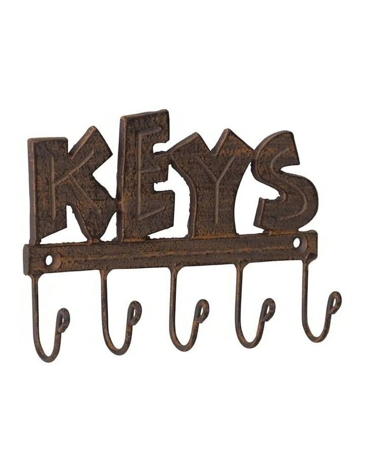 Cast Iron Wall 'Keys' Design Hanger 5 Hook in Brown