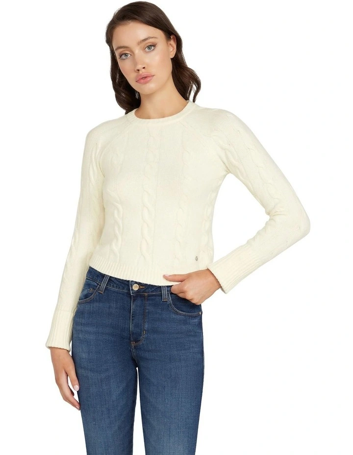 Long Sleeve Round Neck Denise Cable Sweater in Cream