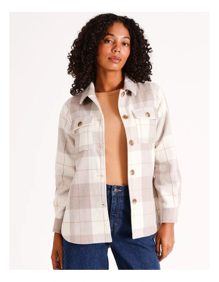 Recycled Blend Brushed Check Shacket in Taupe