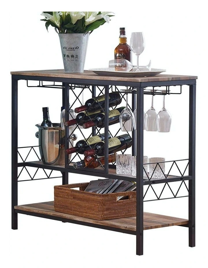 Industrial Wine Rack Table with Glass Holder Brown