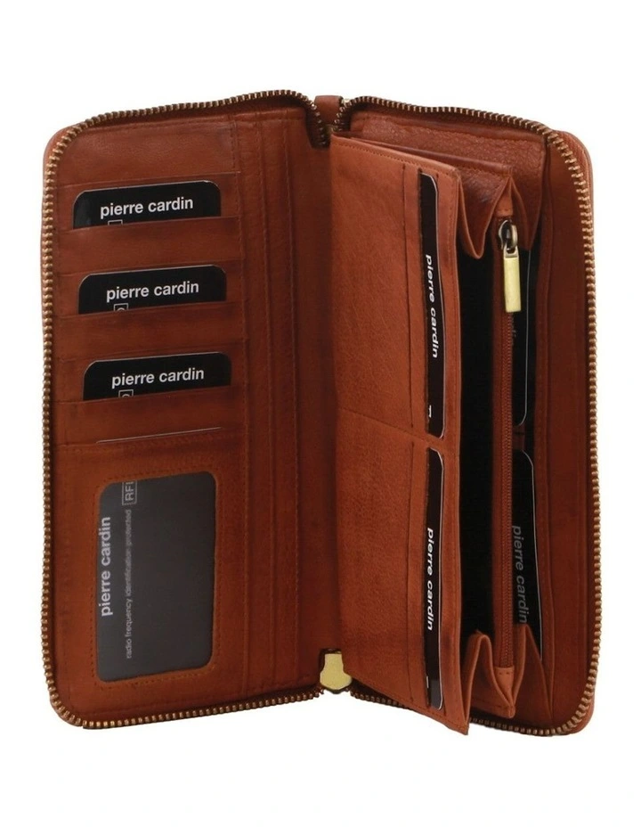 Leather Zip Around Wallet with Wristlet in Cognac