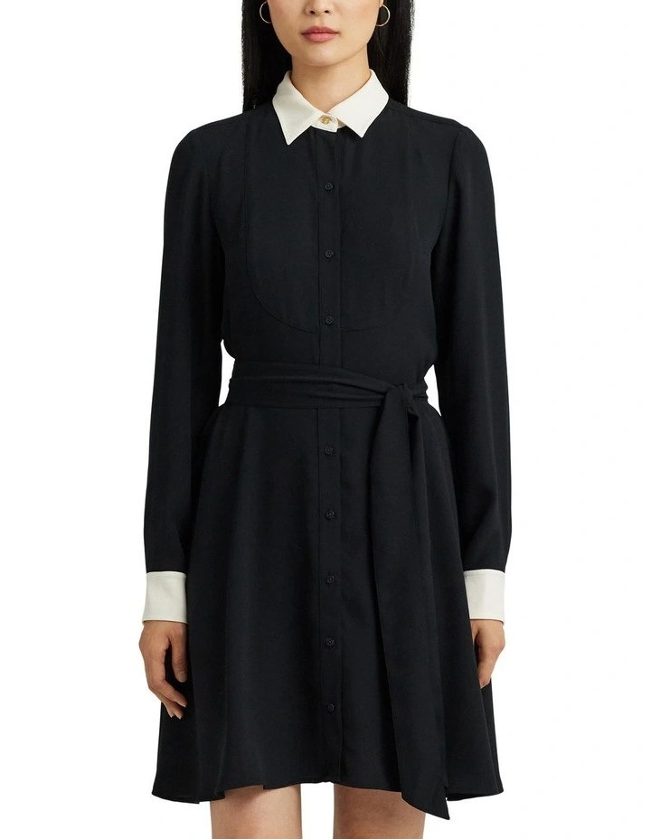 Two-Tone Belted Georgette Shirtdress in Black