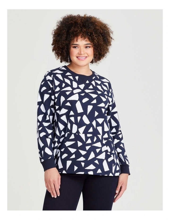 Cotton Geo Sweat Top in Navy/White