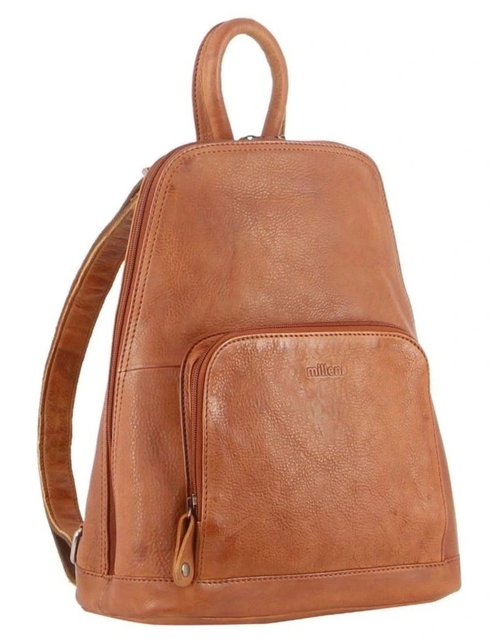 Leather Twin Zip Backpack in Cognac