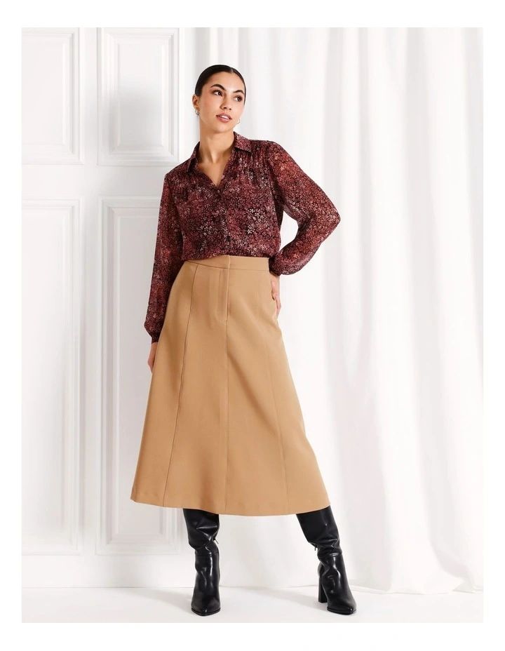 Panelled A-Line Midi Skirt in Camel