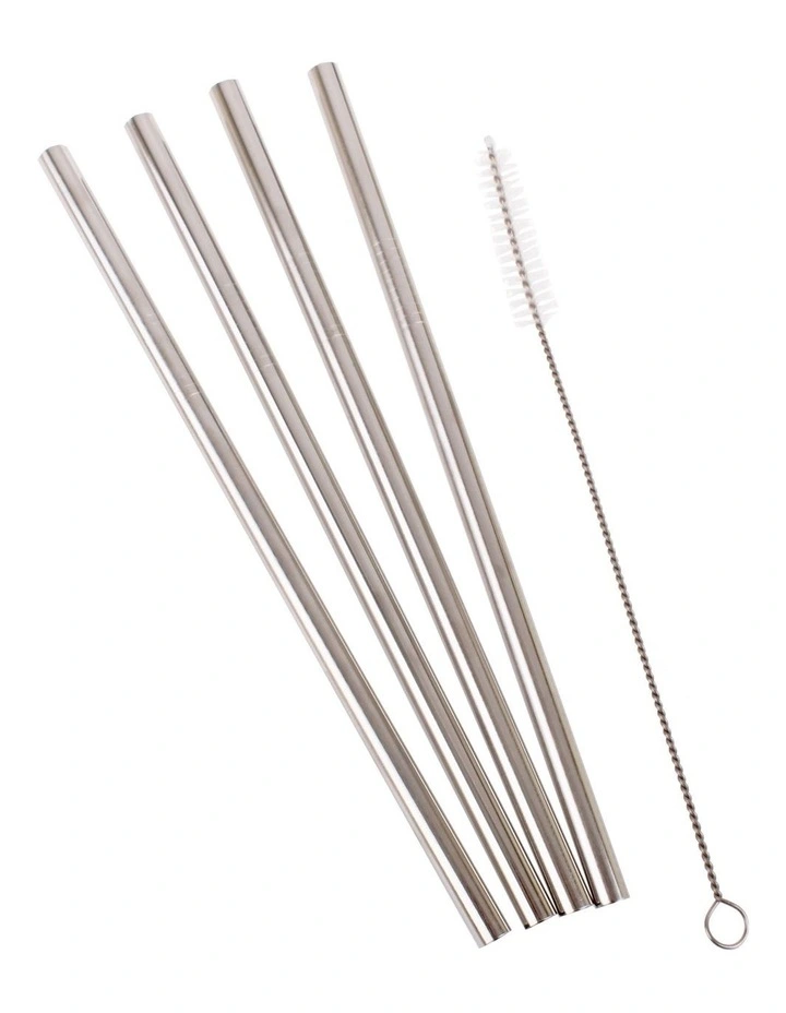 Stainless Steel Straight Smoothie Straws Set 4 With Brush