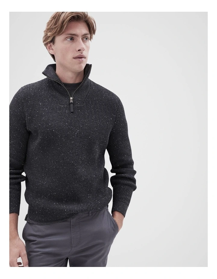 RIb Half Zip Knit Sweater in Charcoal Nep