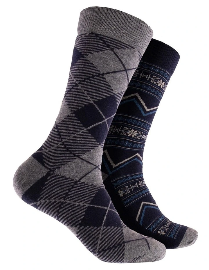 Fair Argyle Wool Crew Socks 2 Pack in Navy