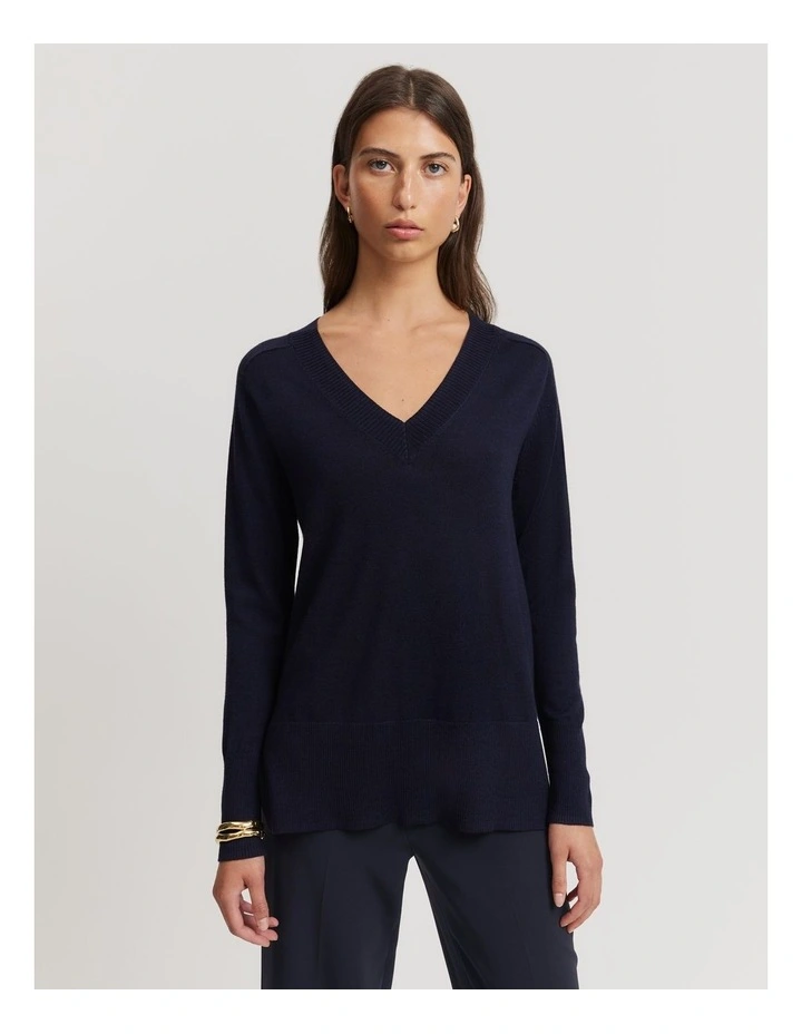 Verified Australian Merino Wool V-neck Knit in Navy Marle