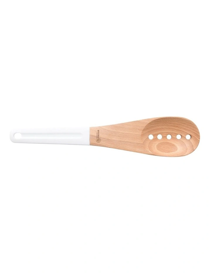 Rustic Beech Wood Slotted Spoon with Silicone Grip 30x6.5x1.5cm in White