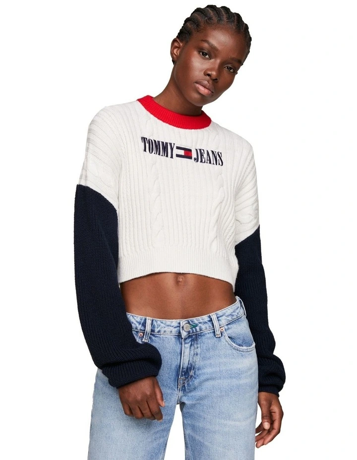 Archive Colour-Blocked Cable Knit Jumper in White