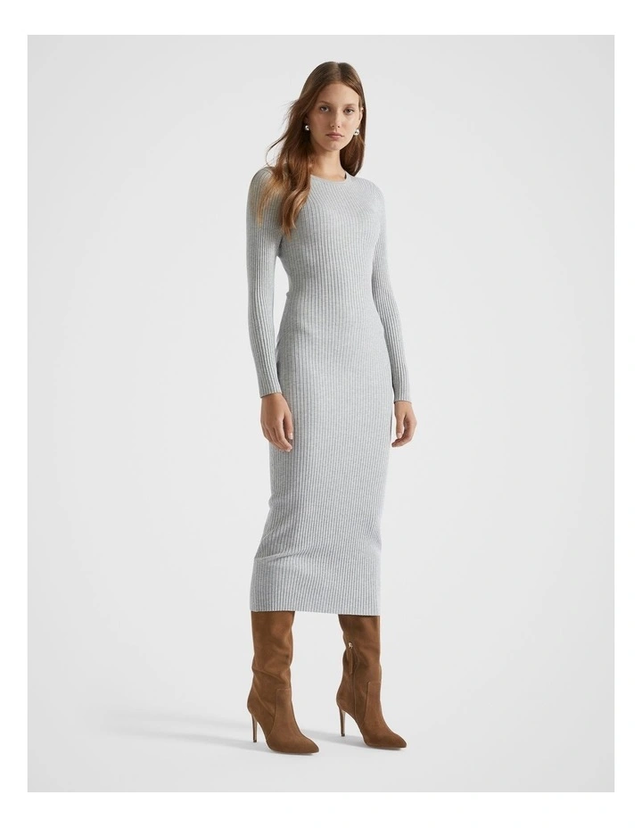 Rib Knit Crew Neck Dress in Silver Marle