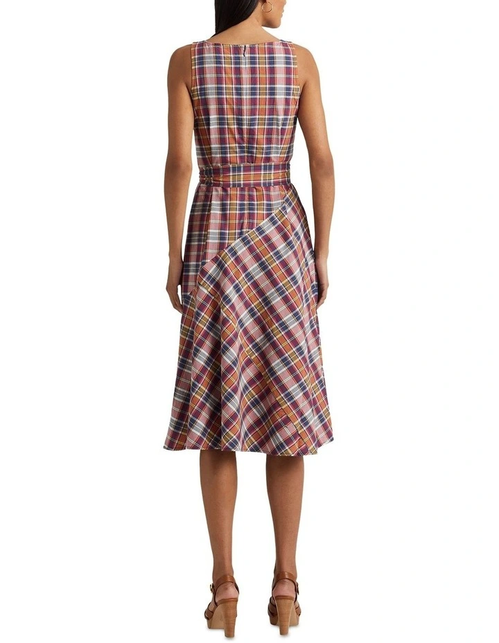 Belted Cotton Madras Sleeveless Dress in Red