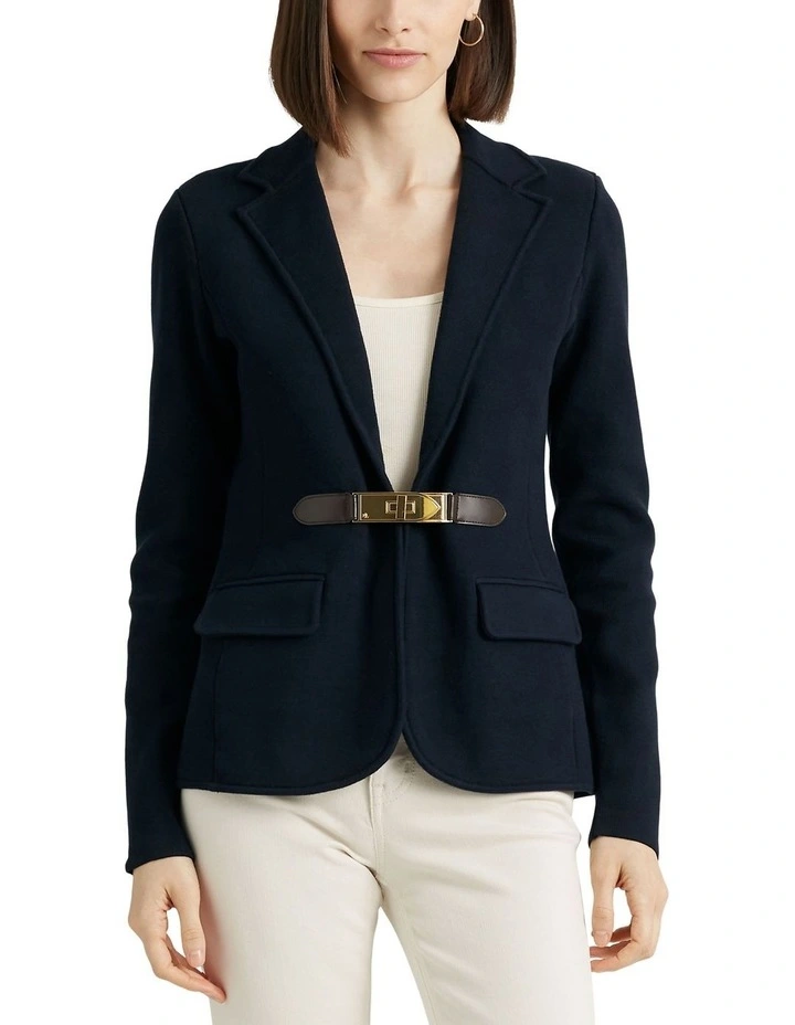 Buckle-Trim Cotton-Blend Knit Blazer in Blue