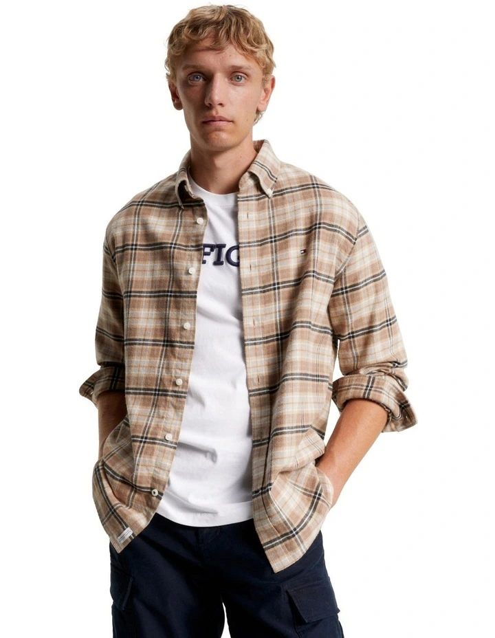 Brushed Tartan Long Sleeve Shirt in Khaki
