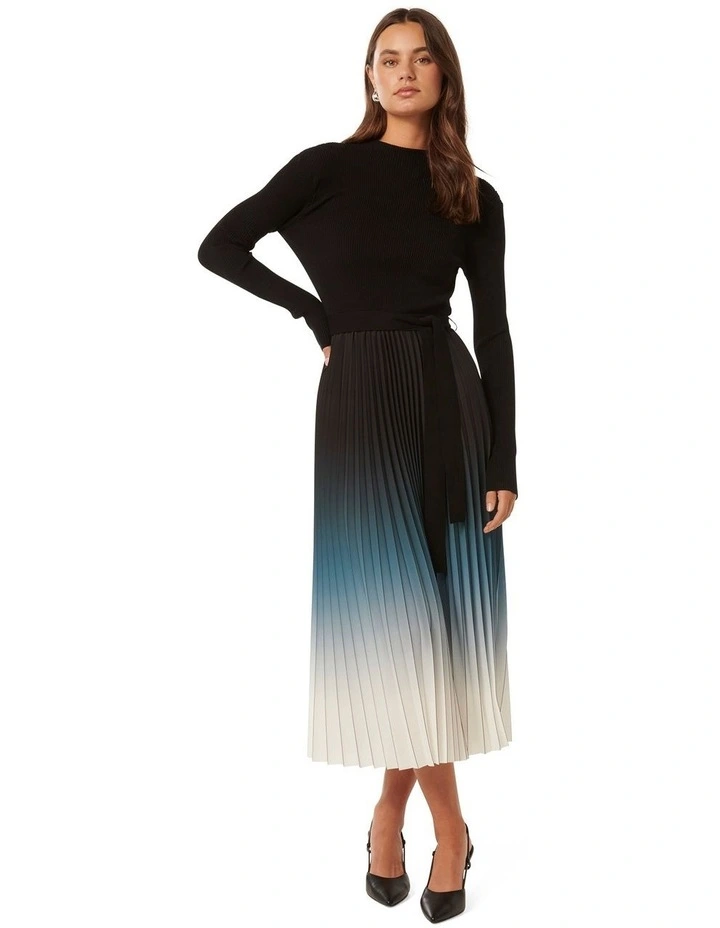Harmony Ombre Pleat Midi Dress in Black Multi