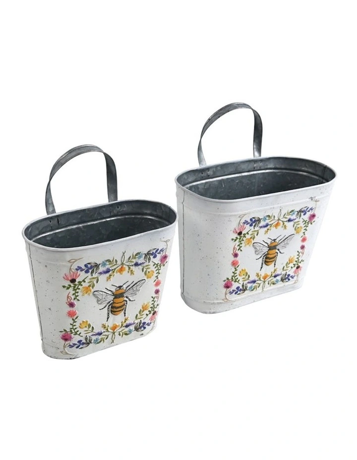 Queen Bee Oval Pot Planter Buckets Set of 2 in Distressed White