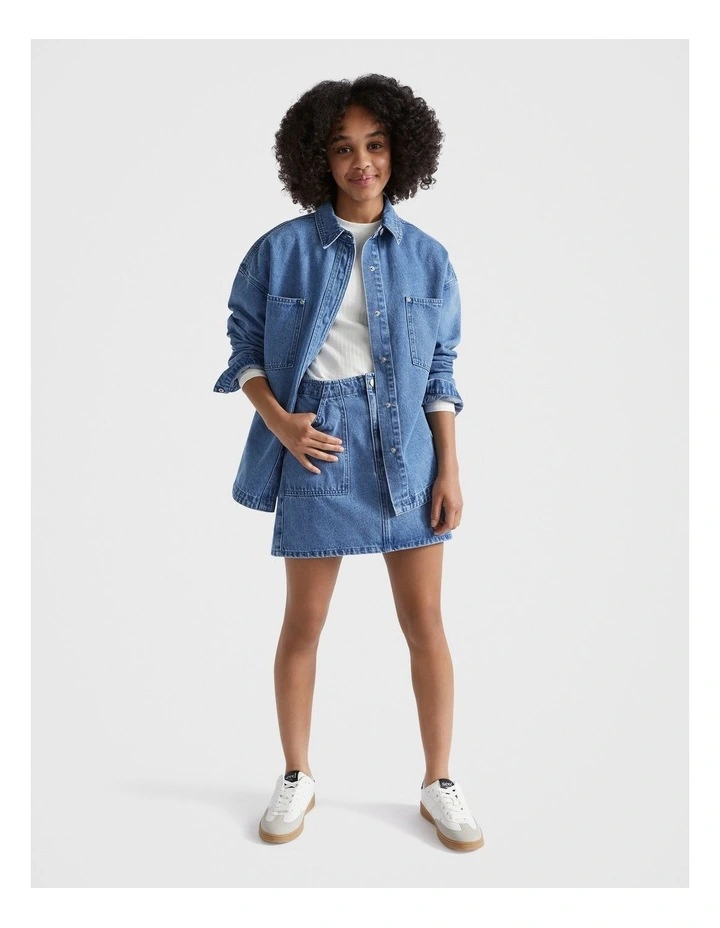 Patch Pocket Denim Skirt in Mid Blue