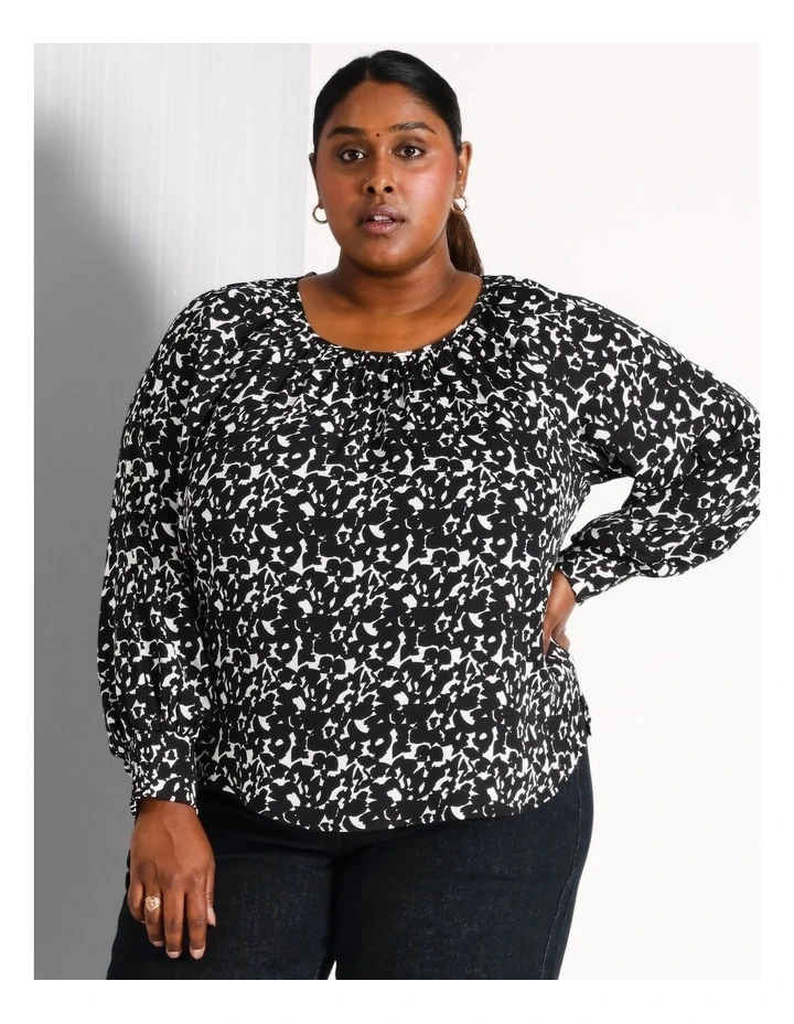 Recycled Poly Blend Gathered Neck Top in Blue/White