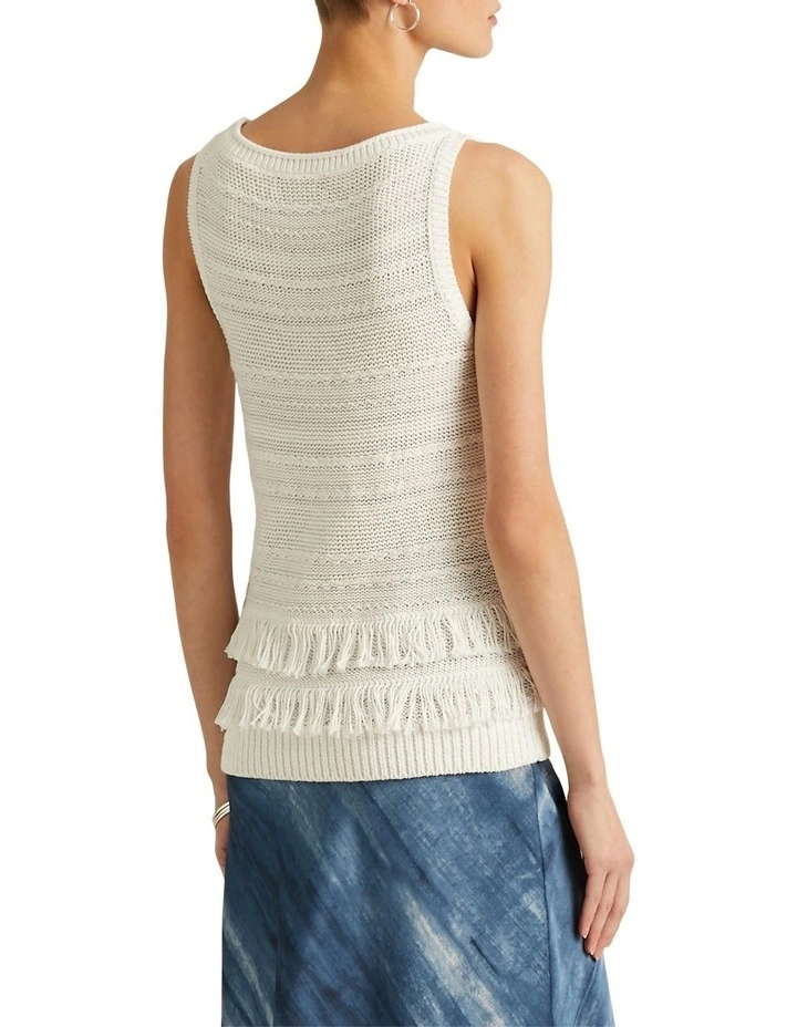 Fringe-Trim Sleeveless Sweater in White