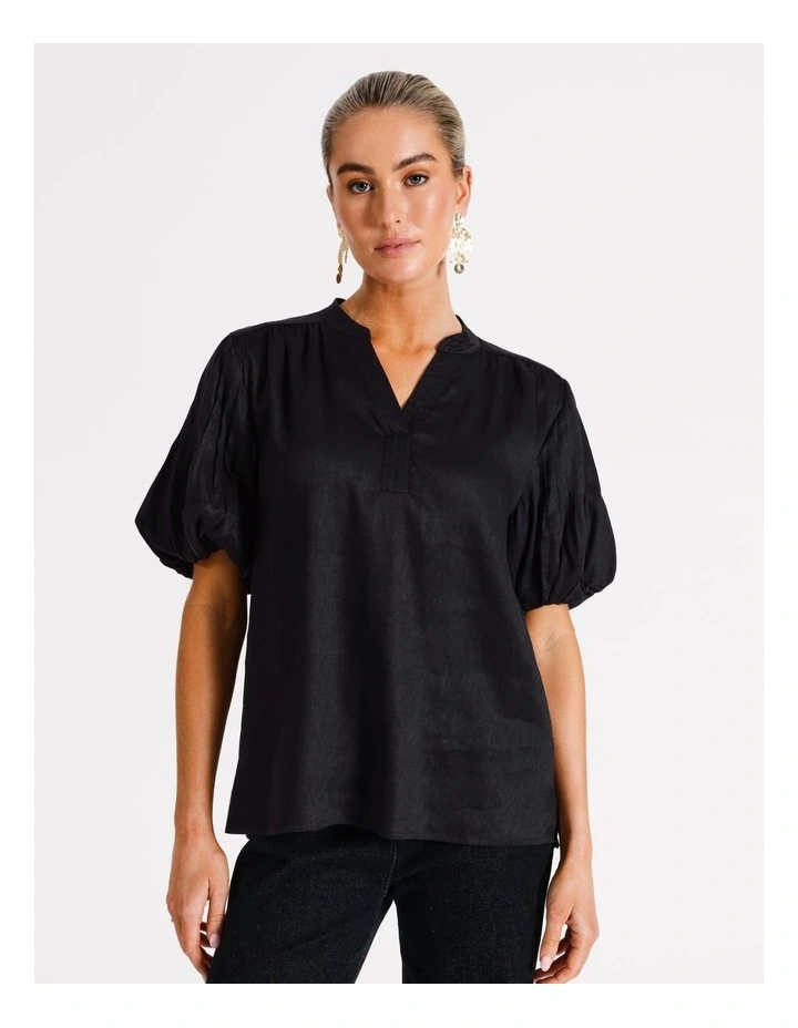 Linen Blend Pintuck Sleeve Popover in Navy