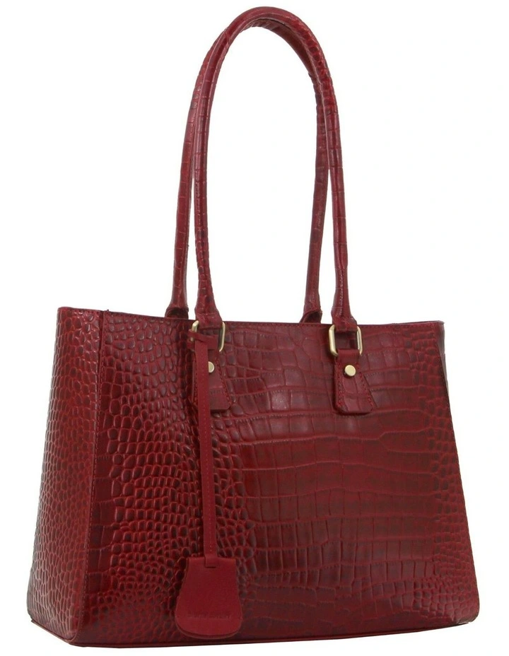 Croc-Embossed Leather Shoulder Bag in Red