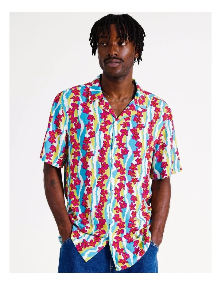 Floral Stripe Print Short Sleeve Rayon Shirt in Blue