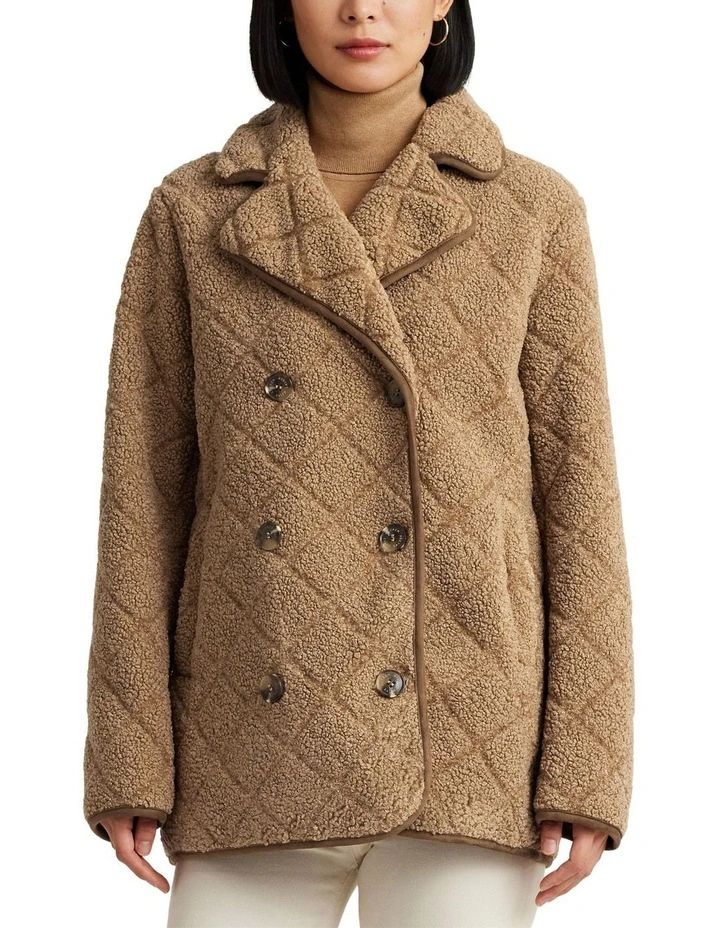 Diamond-Quilted Faux-Shearling Peacoat in Beige