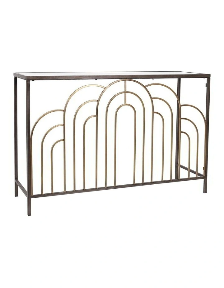 Arc Designer Metal Console Table with Mirror Top in Distressed Gold/Bronze