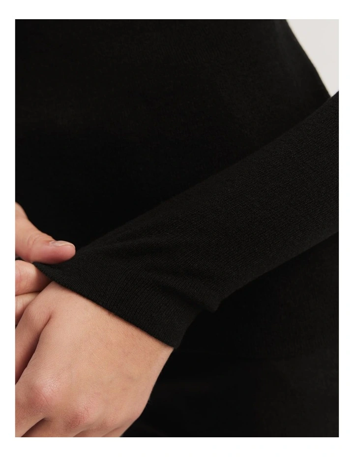 Australian Merino Wool Silk Crew Knit Top in Black