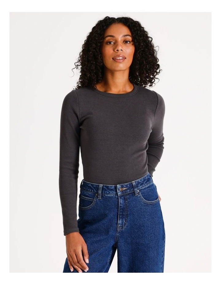 Organic Blend Crew Neck Long Sleeve Rib Tee in Charcoal