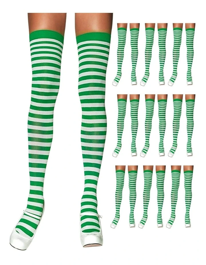 Over The Knee Stripes Socks x10 in Green/White