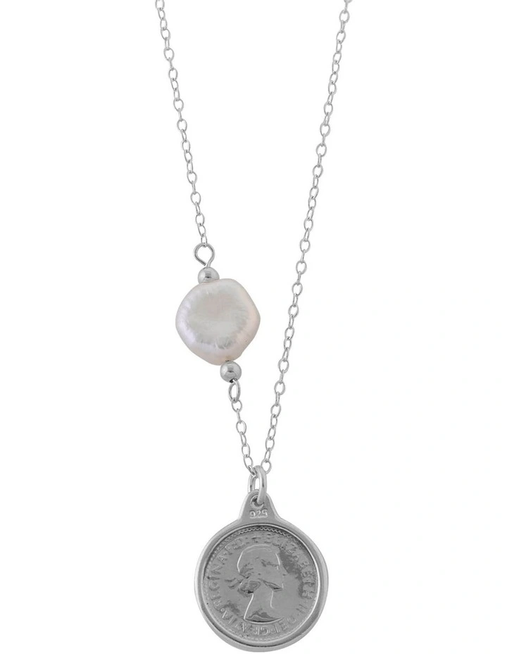 Fine Belcher Chain Keshi Pearl & Threepence Silver Necklace