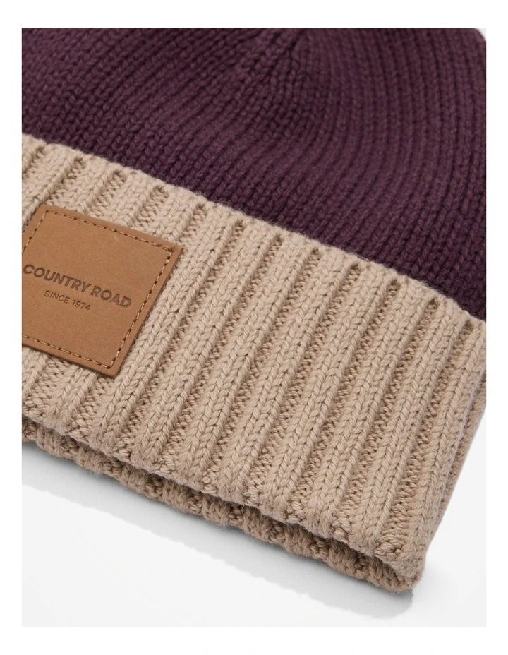 Organically Grown Cotton Blend Patch Logo Beanie in Bordeaux