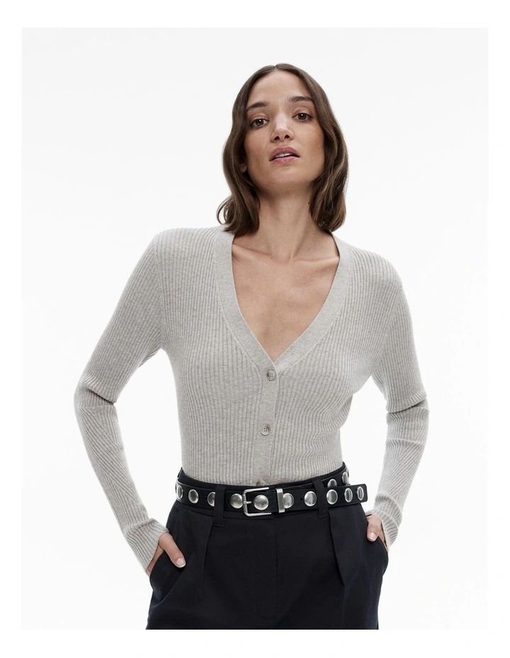 Wool Blend Knit Cardigan in Mid Grey Marle