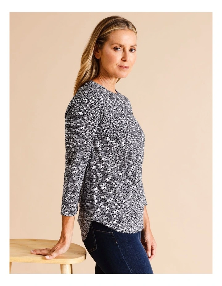 Organic Cotton Wardrobe Staple 3/4 Sleeve Tee in Black & White Grid Print