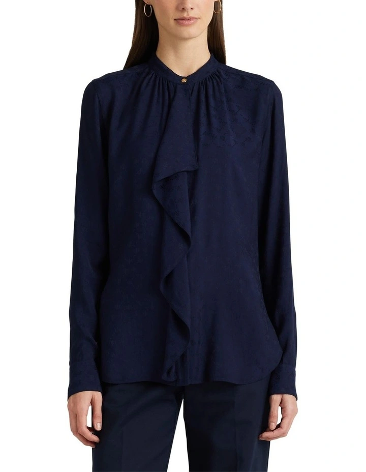 Ruffle-Trim Logo Jacquard Shirt in Navy