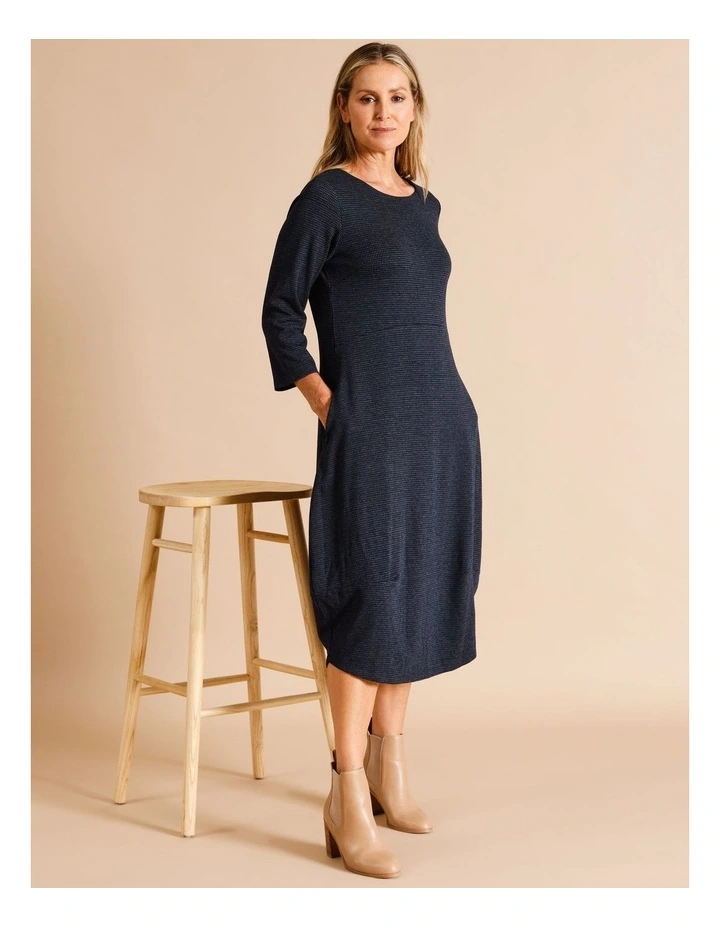 3/4 Sleeve Dart Hem Knit Dress In Navy/Blue Small Check