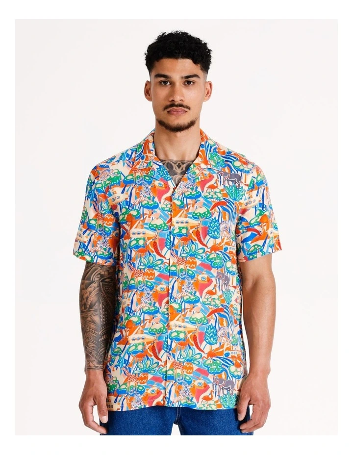 Sgt Peppers Print Short Sleeve Rayon Shirt in Orange