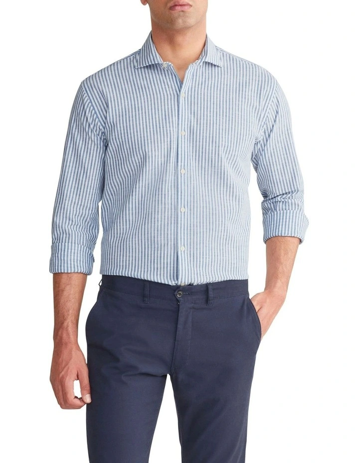 Tailored Stripe Linen Long Sleeves Shirt in Blue